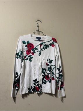 Karen Scott White with Red Floral & Green Leaf Print Jersey Cardigan L NEW READ